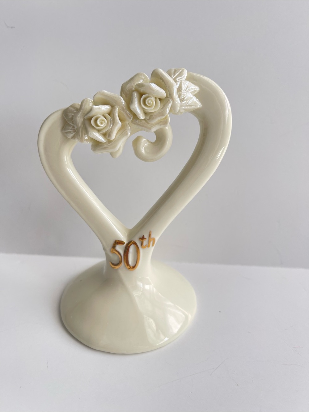 50th Anniversary Cream Ceramic Heart Figurine with Roses